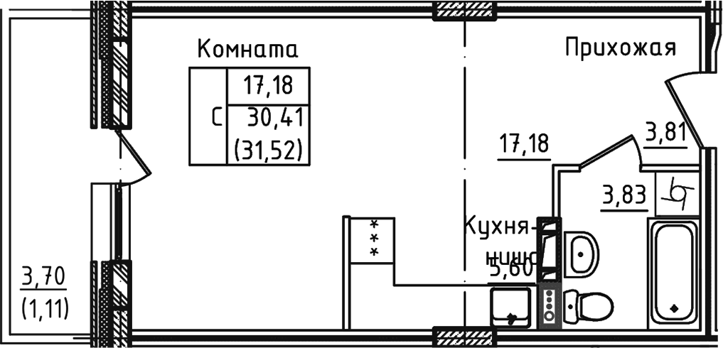 Планировка Студии 31.52 м² в ЖК «Зеленый город», корпус 1