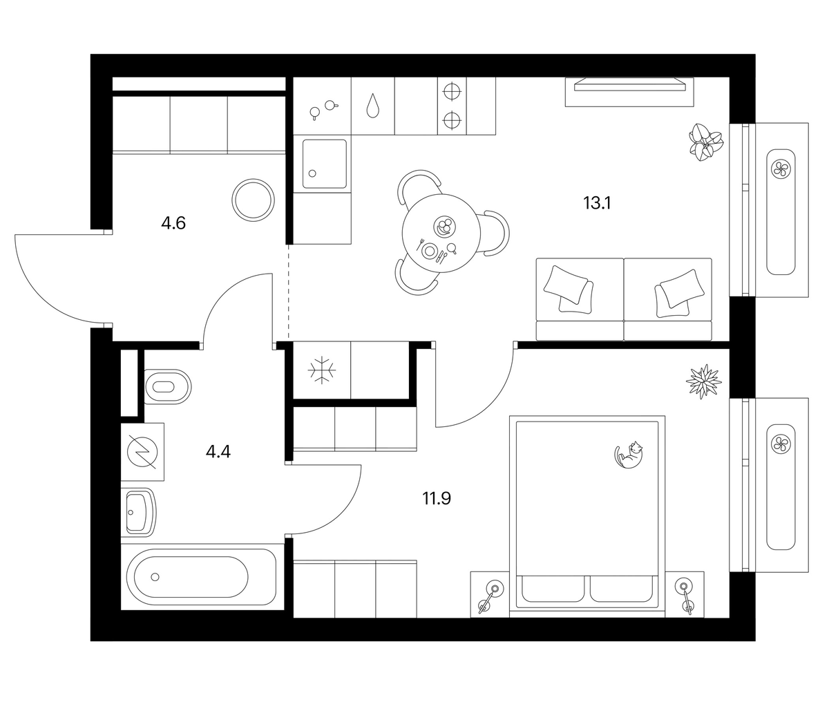 Планировка однокомнатная 34 м² в ЖК «Зеленый парк», корпус 5.3