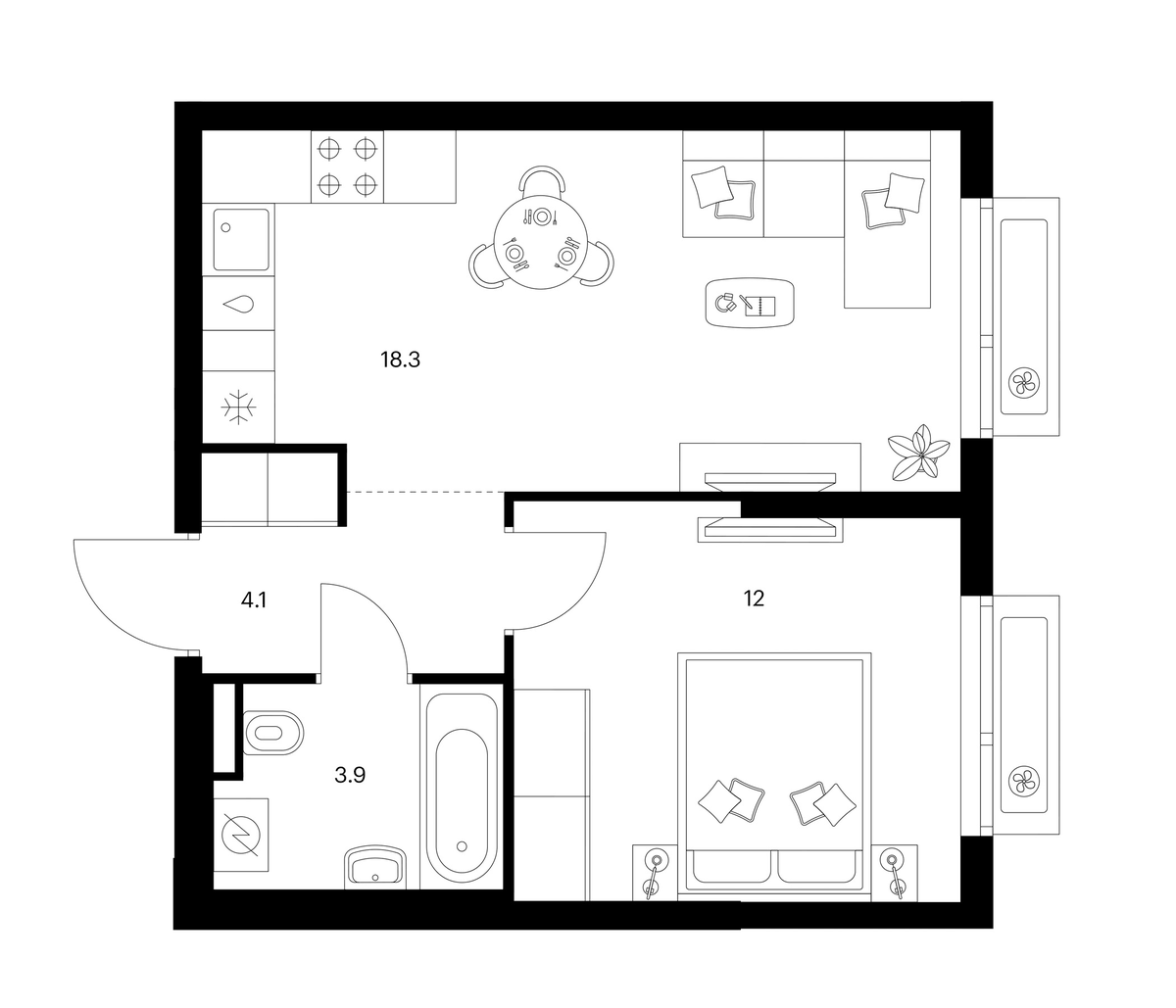 Планировка однокомнатная 38.3 м² в ЖК «Зеленый парк», корпус 5.2