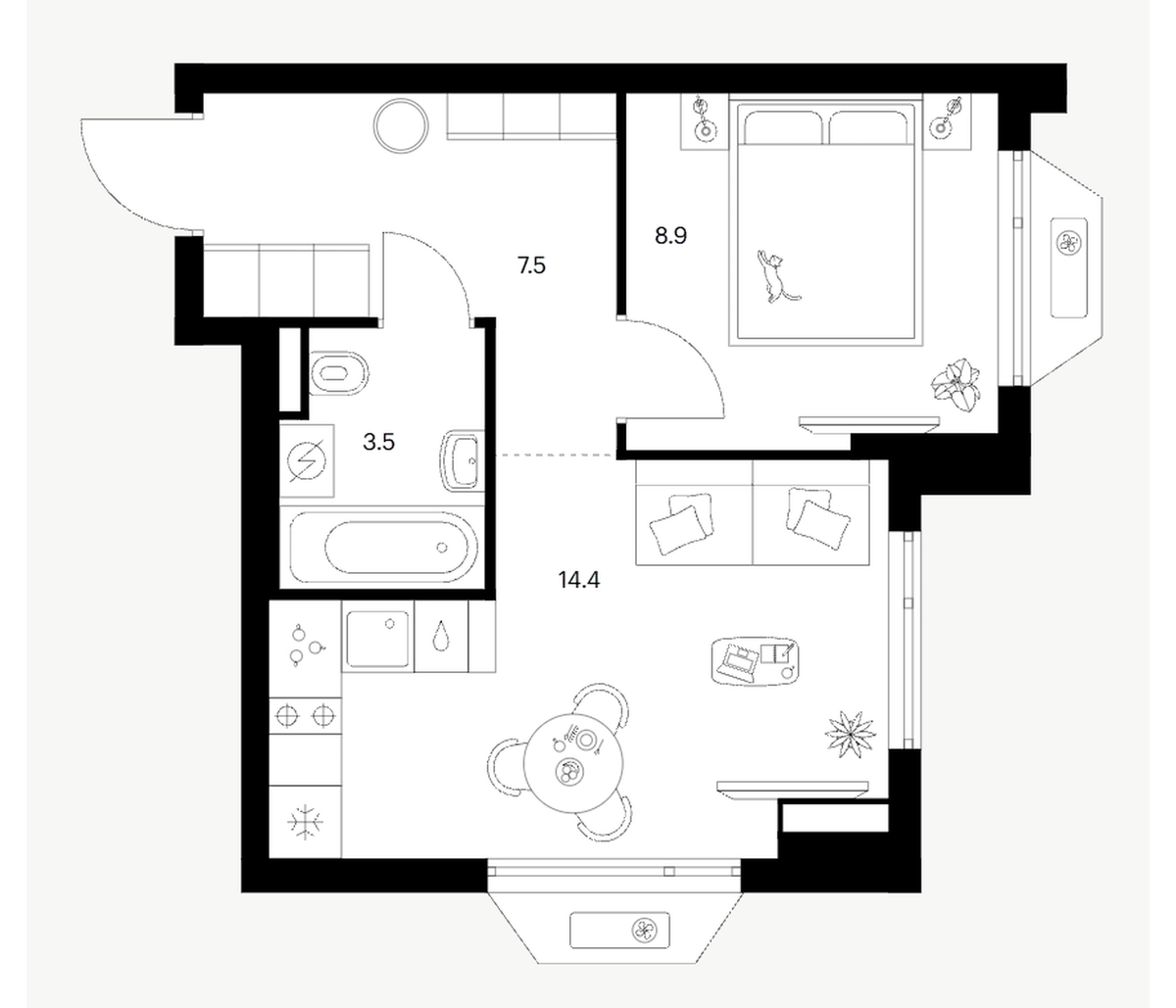 Планировка евродвушка (2Е) 34.3 м² в ЖК «Зеленый парк», корпус 5.6