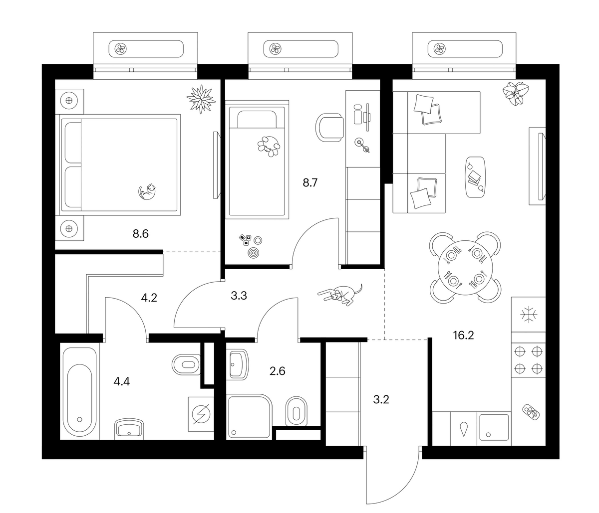 Планировка двухкомнатная 51.2 м² в ЖК «Зеленый парк», корпус 5.3