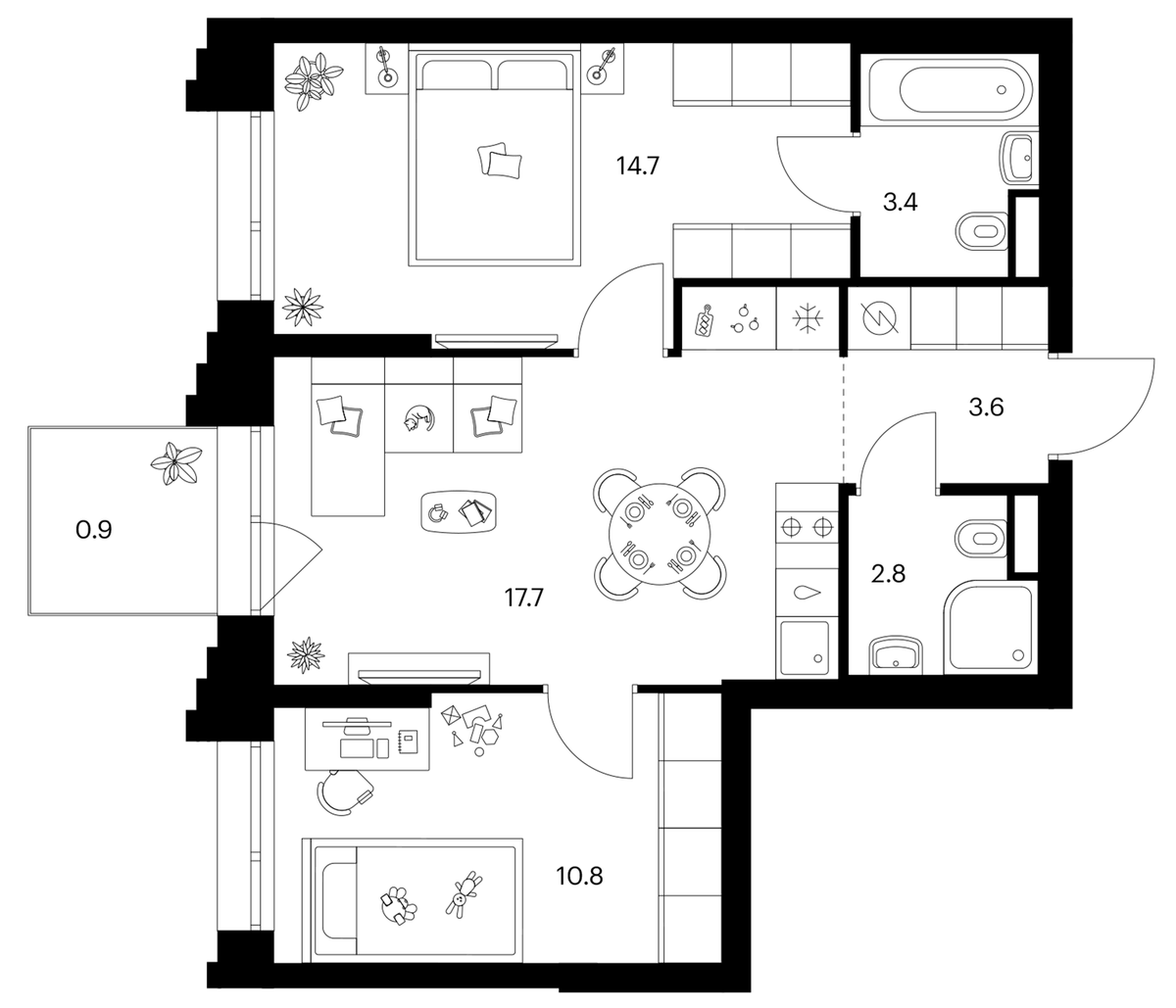 Планировка двухкомнатная 53.9 м² в ЖК «Зеленый парк», корпус 5.4