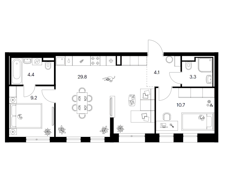 Планировка евротрёшка (3Е) 61.5 м² в ЖК «Зеленый парк», корпус 5.3