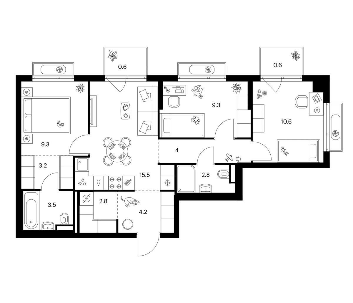 Планировка трёхкомнатная 66.4 м² в ЖК «Зеленый парк», корпус 5.5