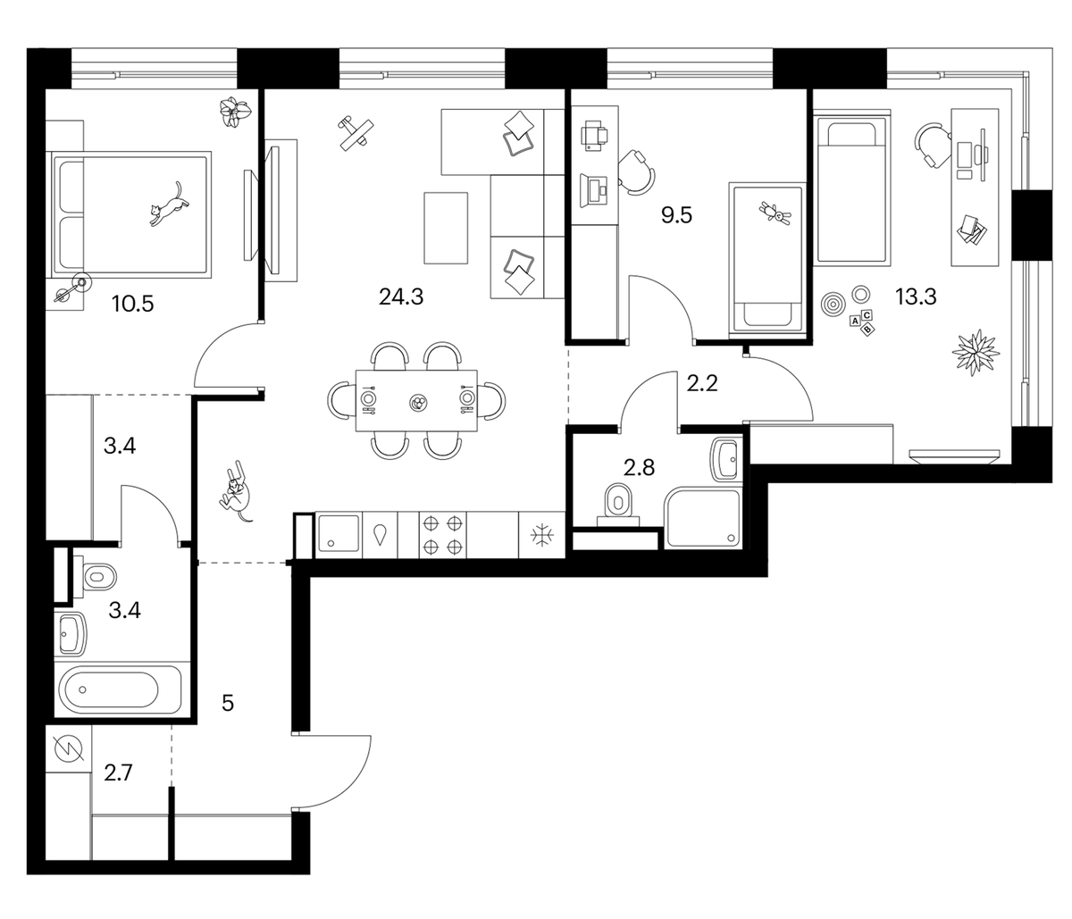 Планировка трёхкомнатная 77.1 м² в ЖК «Зеленый парк», корпус 6.6