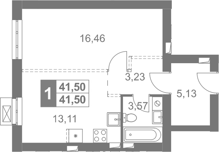 Планировка однокомнатная 41.5 м² в ЖК «Жаворонки Клаб», корпус 6А