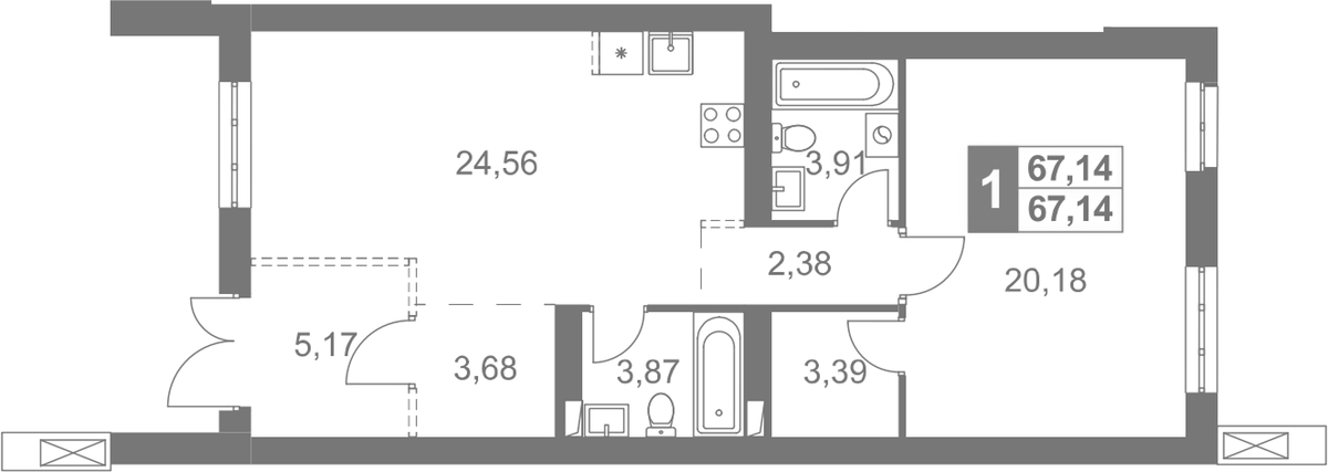 Планировка однокомнатная 67.14 м² в ЖК «Жаворонки Клаб», корпус 6А