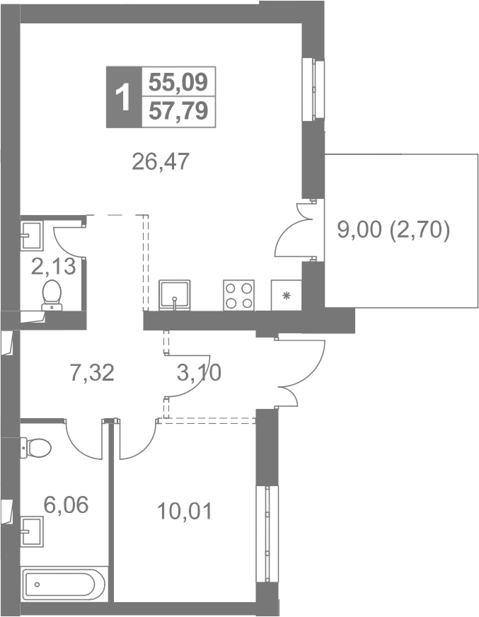Планировка евродвушка (2Е) 57.79 м² в ЖК «Жаворонки Клаб», корпус 6А