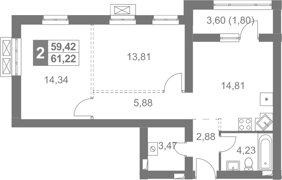 Планировка двухкомнатная 61.22 м² в ЖК «Жаворонки Клаб», корпус 6А