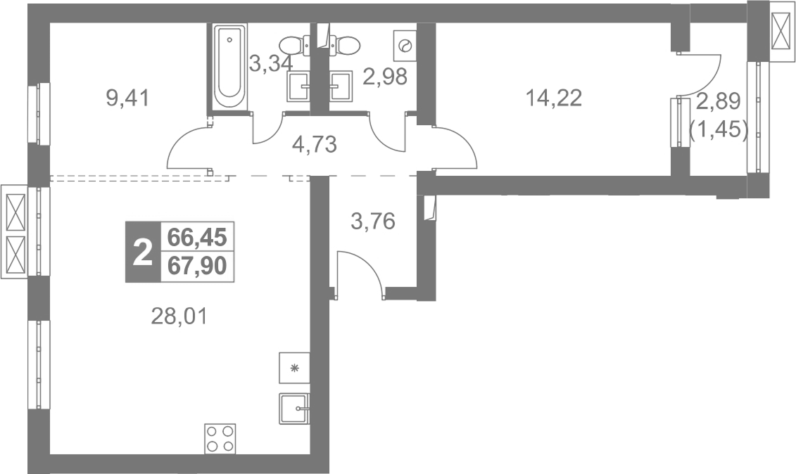 Планировка двухкомнатная 67.9 м² в ЖК «Жаворонки Клаб», корпус 6А