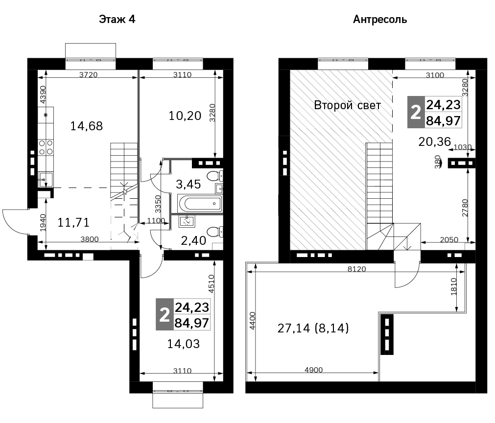 Планировка двухкомнатная 84.97 м² в ЖК «Жаворонки Клаб», корпус 3Б