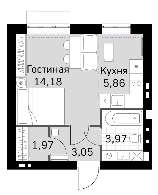Планировка Студии 29.03 м² в ЖК «Жаворонки Клаб», корпус 3А