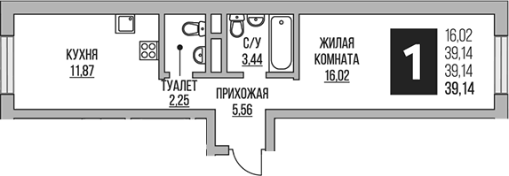 Планировка однокомнатная 39.14 м² в ЖК «Гранель Живописный», корпус 1