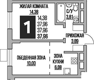 Планировка евродвушка (2Е) 37.96 м² в ЖК «Гранель Живописный», корпус 2