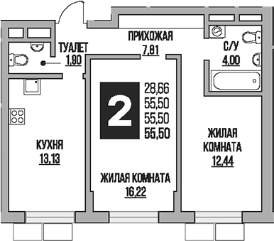 Планировка двухкомнатная 55.5 м² в ЖК «Гранель Живописный», корпус 2