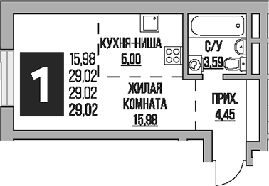 Планировка Студии 29.02 м² в ЖК «Гранель Живописный», корпус 2