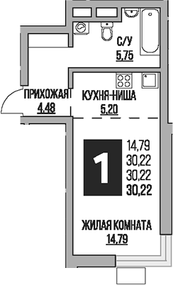 Планировка Студии 30.22 м² в ЖК «Гранель Живописный», корпус 2