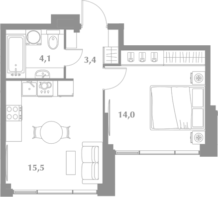 Планировка евродвушка (2Е) 37 м² в ЖК «Зиккурат Преображенский», корпус 1