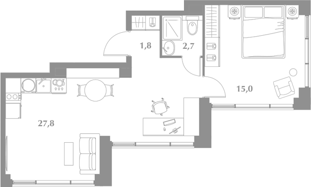 Планировка евродвушка (2Е) 47.3 м² в ЖК «Зиккурат Преображенский», корпус 1