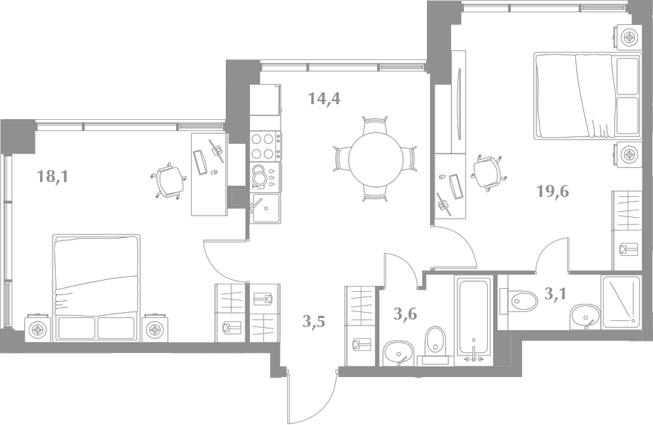 Планировка двухкомнатная 62.3 м² в ЖК «Зиккурат Преображенский», корпус 1