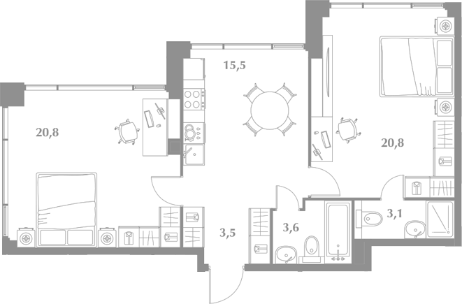 Планировка евротрёшка (3Е) 67.3 м² в ЖК «Зиккурат Преображенский», корпус 1
