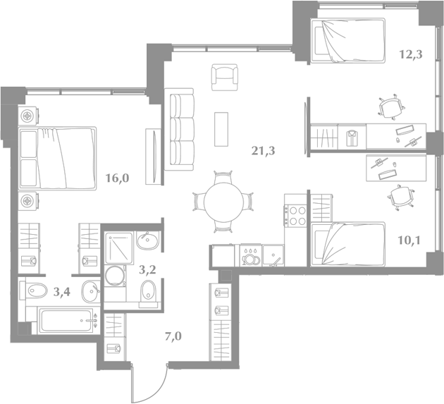 Планировка евро-4 (4Е) 73.3 м² в ЖК «Зиккурат Преображенский», корпус 1