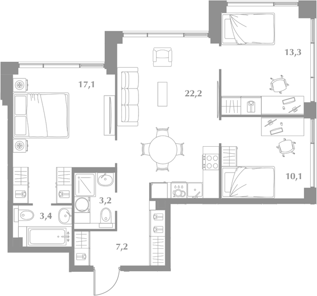 Планировка евро-4 (4Е) 76.5 м² в ЖК «Зиккурат Преображенский», корпус 1
