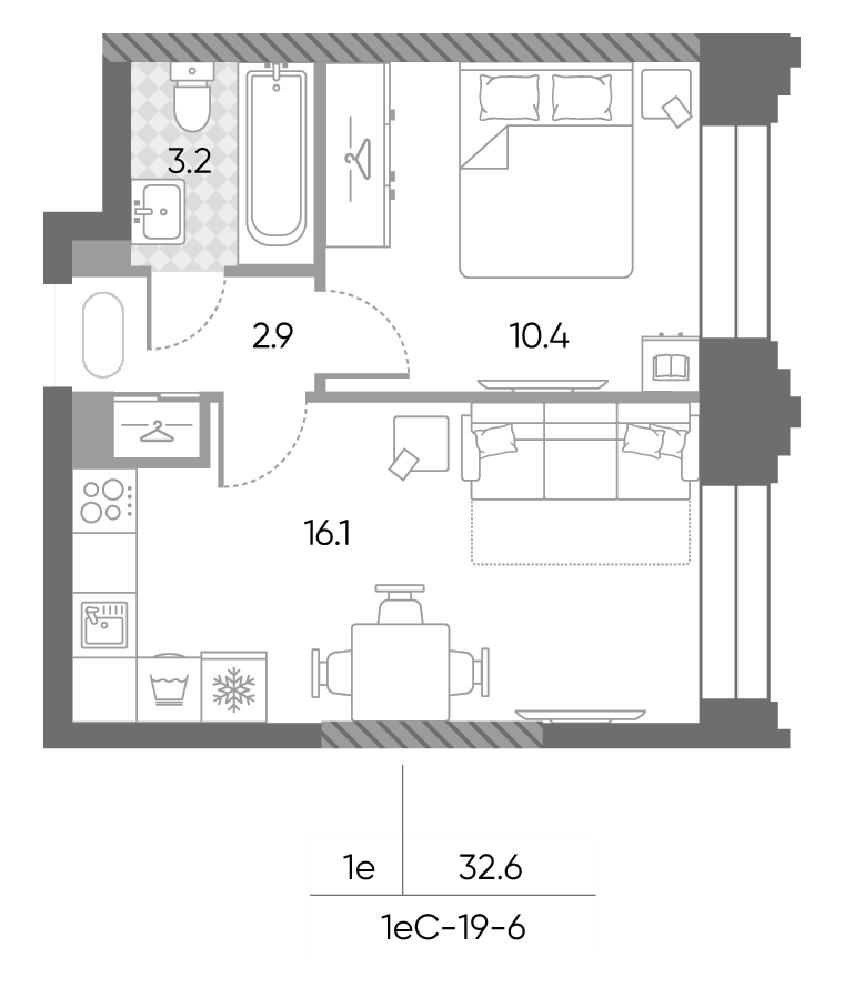 Планировка евродвушка (2Е) 32.6 м² в ЖК «ЗилАрт», корпус СПАРК-3