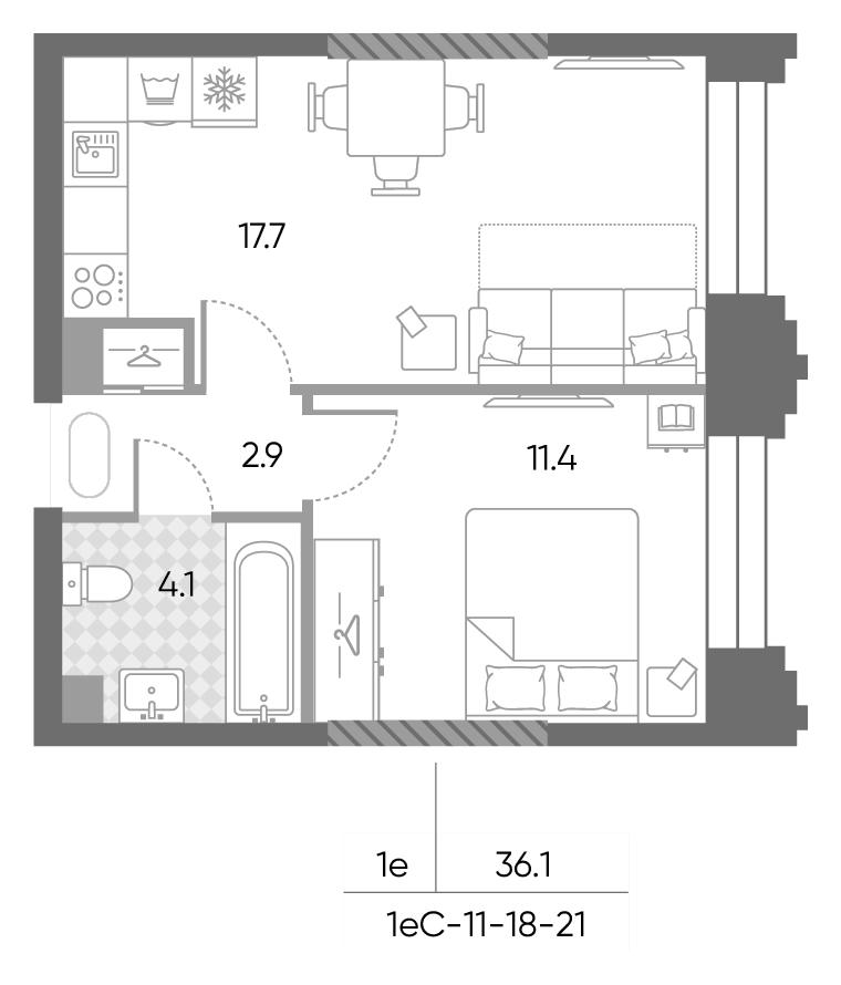 Планировка евродвушка (2Е) 36.1 м² в ЖК «ЗилАрт», корпус СПАРК-2