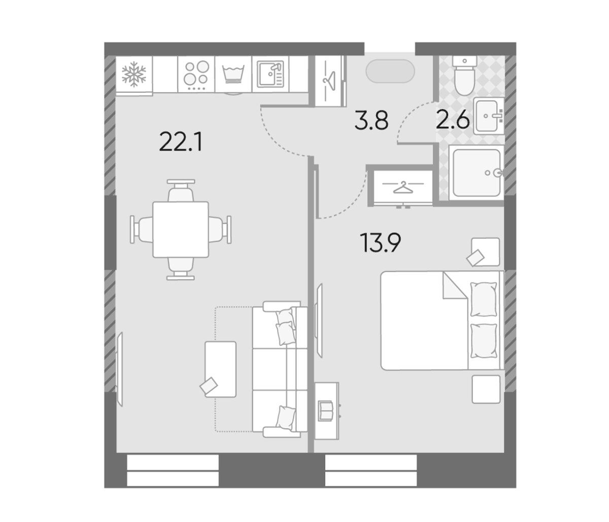 Планировка евродвушка (2Е) 42.4 м² в ЖК «ЗилАрт», корпус ГРАНД-6