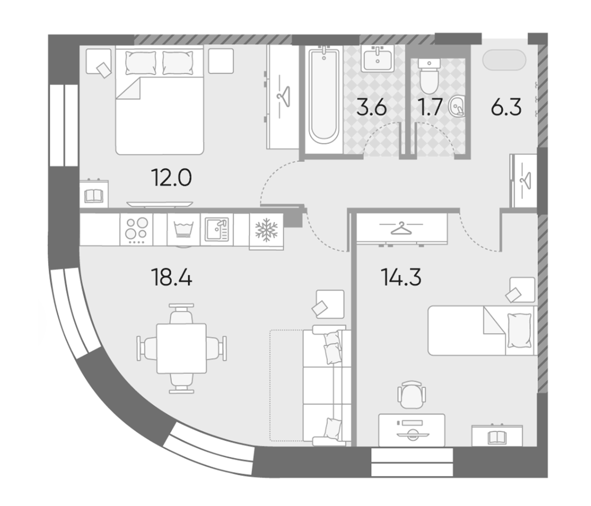 Планировка евротрёшка (3Е) 56.3 м² в ЖК «ЗилАрт», корпус ГРАНД-5