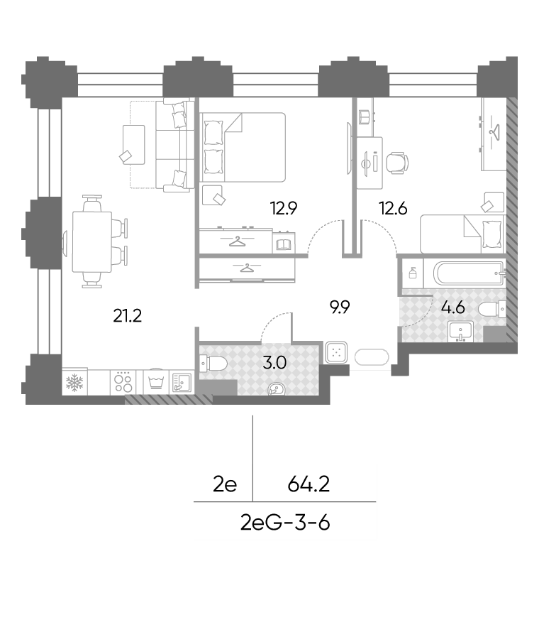 Планировка евротрёшка (3Е) 64.2 м² в ЖК «ЗилАрт», корпус СПАРК-2