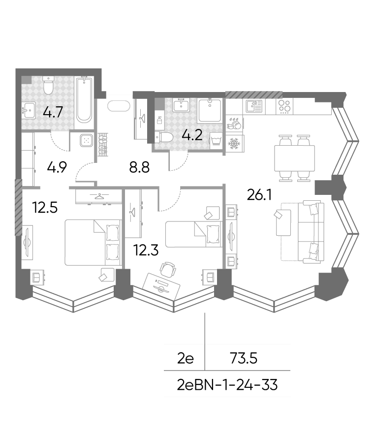 Планировка евротрёшка (3Е) 73.5 м² в ЖК «ЗилАрт», корпус СПАРК-1