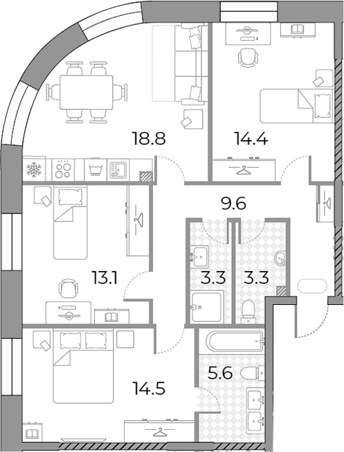 Планировка евро-4 (4Е) 82.6 м² в ЖК «ЗилАрт», корпус ГРАНД-3