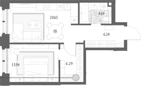 Планировка евродвушка (2Е) 51.81 м² в ЖК «Золотые крылья», корпус 3