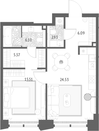 Планировка евродвушка (2Е) 60.73 м² в ЖК «Золотые крылья», корпус 3