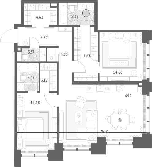 Планировка евротрёшка (3Е) 103.85 м² в ЖК «Золотые крылья», корпус 3