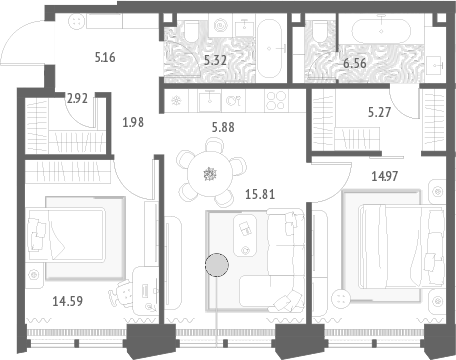 Планировка евротрёшка (3Е) 78.46 м² в ЖК «Золотые крылья», корпус 3