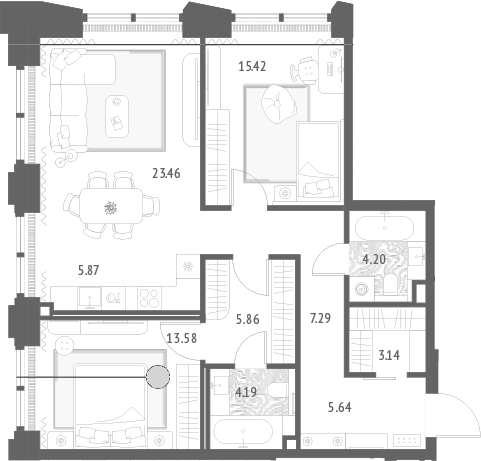 Планировка евротрёшка (3Е) 88.82 м² в ЖК «Золотые крылья», корпус 3
