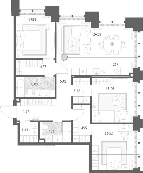 Планировка евро-4 (4Е) 113.2 м² в ЖК «Золотые крылья», корпус 3