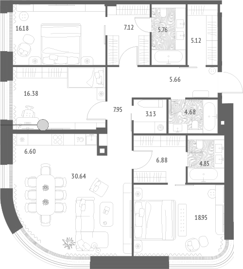 Планировка евро-4 (4Е) 139.9 м² в ЖК «Золотые крылья», корпус 1