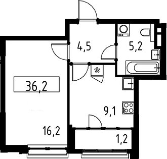 Планировка однокомнатная 36.2 м² в ЖК «Дом на Зорге», корпус 1