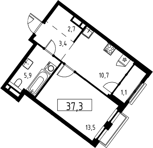 Планировка однокомнатная 37.3 м² в ЖК «Дом на Зорге», корпус 1