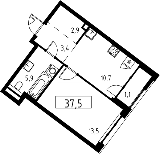Планировка однокомнатная 37.5 м² в ЖК «Дом на Зорге», корпус 1
