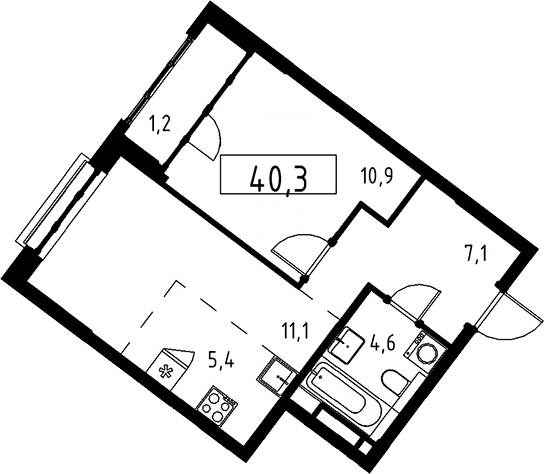 Планировка евродвушка (2Е) 41.4 м² в ЖК «Дом на Зорге», корпус 1