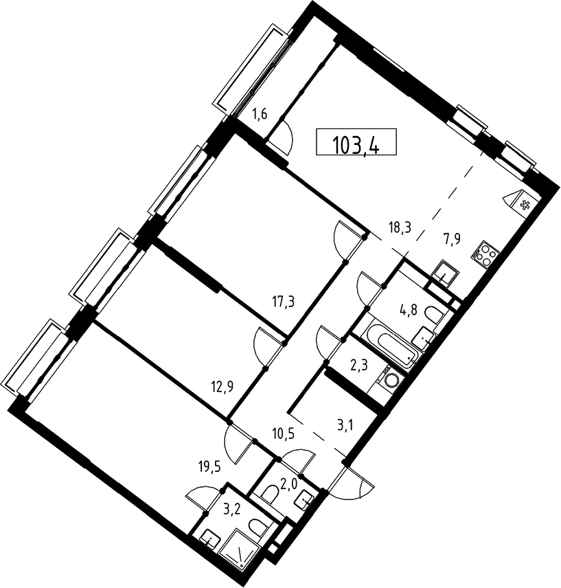 Планировка евро-4 (4Е) 103.4 м² в ЖК «Дом на Зорге», корпус 1