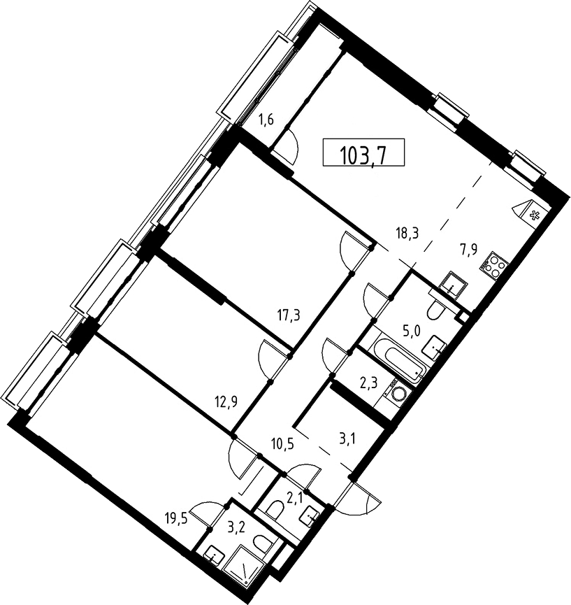 Планировка евро-4 (4Е) 103.7 м² в ЖК «Дом на Зорге», корпус 1
