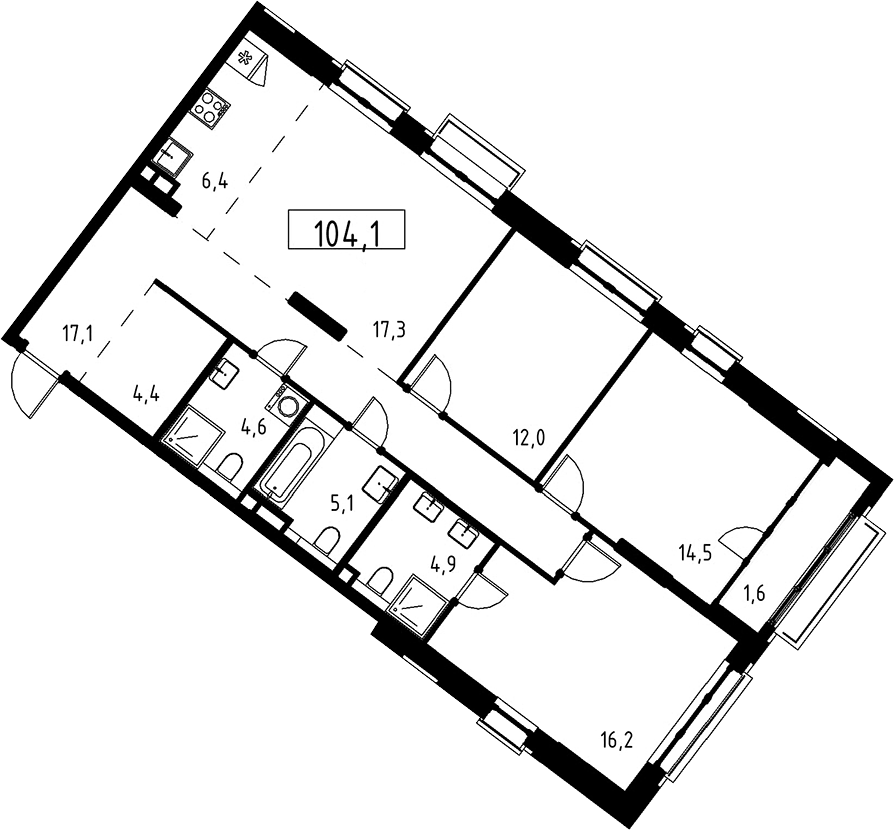Планировка евро-4 (4Е) 104.1 м² в ЖК «Дом на Зорге», корпус 1