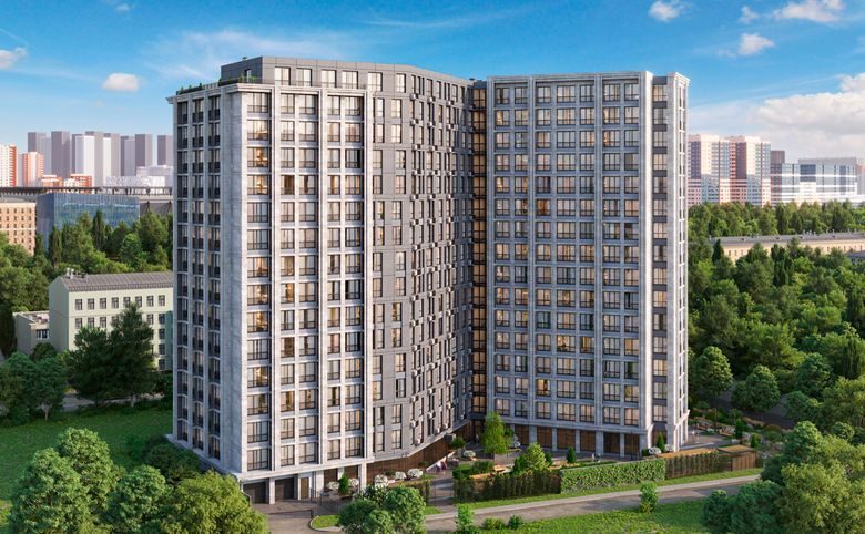 Дом на Зорге — Фасад крупным планом со стороны застройки: керамогранитная о