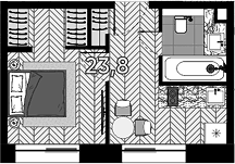 Планировка однокомнатная 23.8 м² в ЖК «Зорге, 9», корпус Мэдисон
